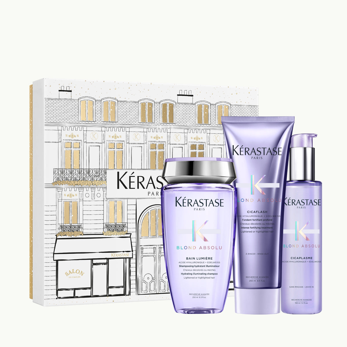 Kérastase Blond Absolu Holidays 2025 Set Cadou – Ritual Premium de Îngrijire pentru Păr Blond: Bain Lumière 250ml + Cicaflash 250ml + Cicaplasme 150ml