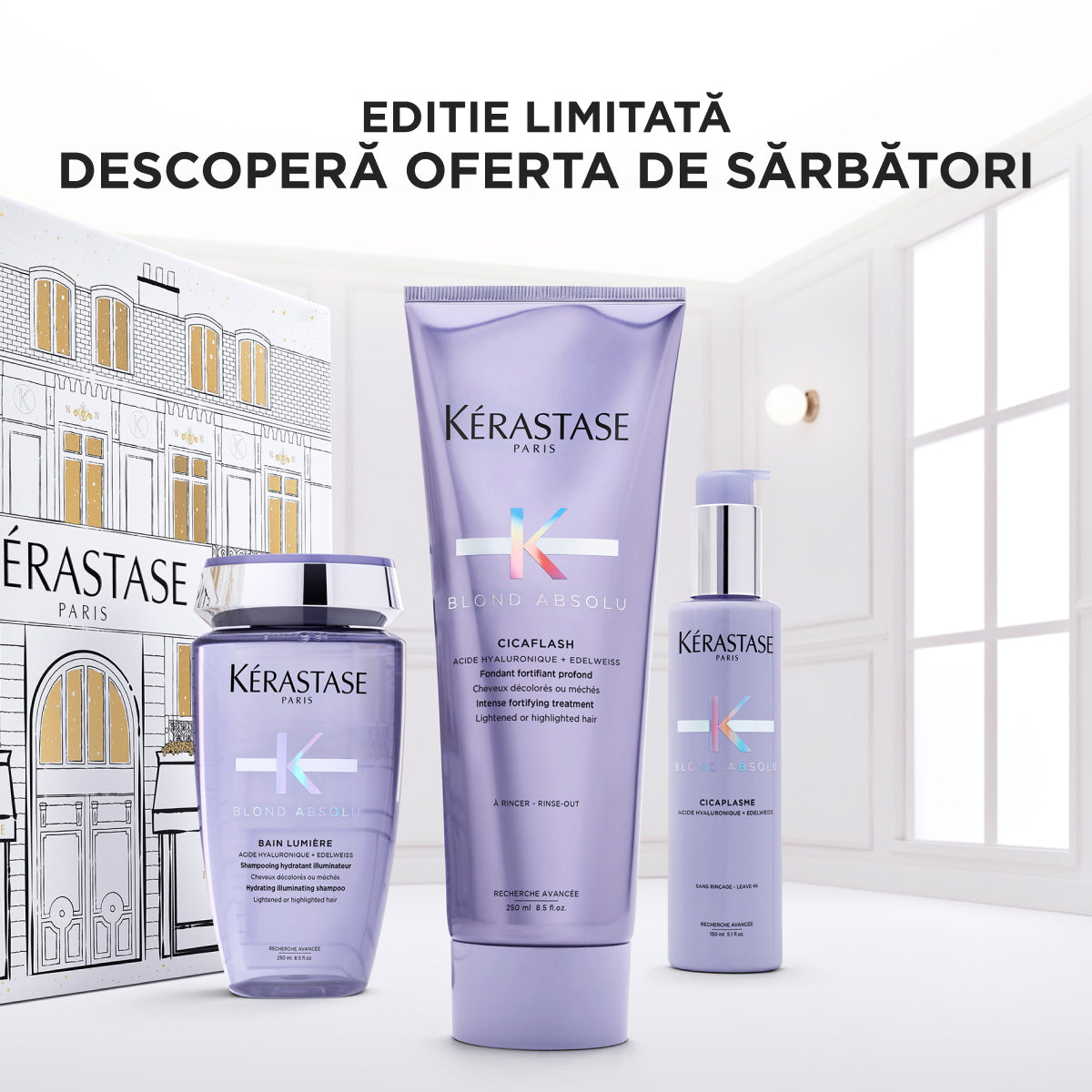Kérastase Blond Absolu Holidays 2025 Set Cadou – Ritual Premium de Îngrijire pentru Păr Blond: Bain Lumière 250ml + Cicaflash 250ml + Cicaplasme 150ml
