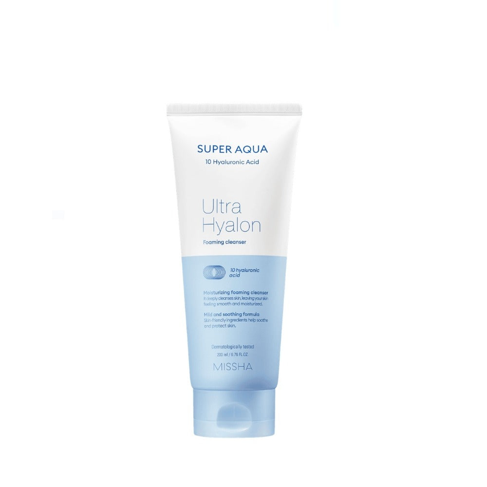 MISSHA Super Aqua Ultra Hyalron Cleansing Foam 200ml – Spumă de Curățare cu 10 Tipuri de Acid Hialuronic pentru Hidratare Intensă, Curățare Profundă și Protecția Barierei Cutanate