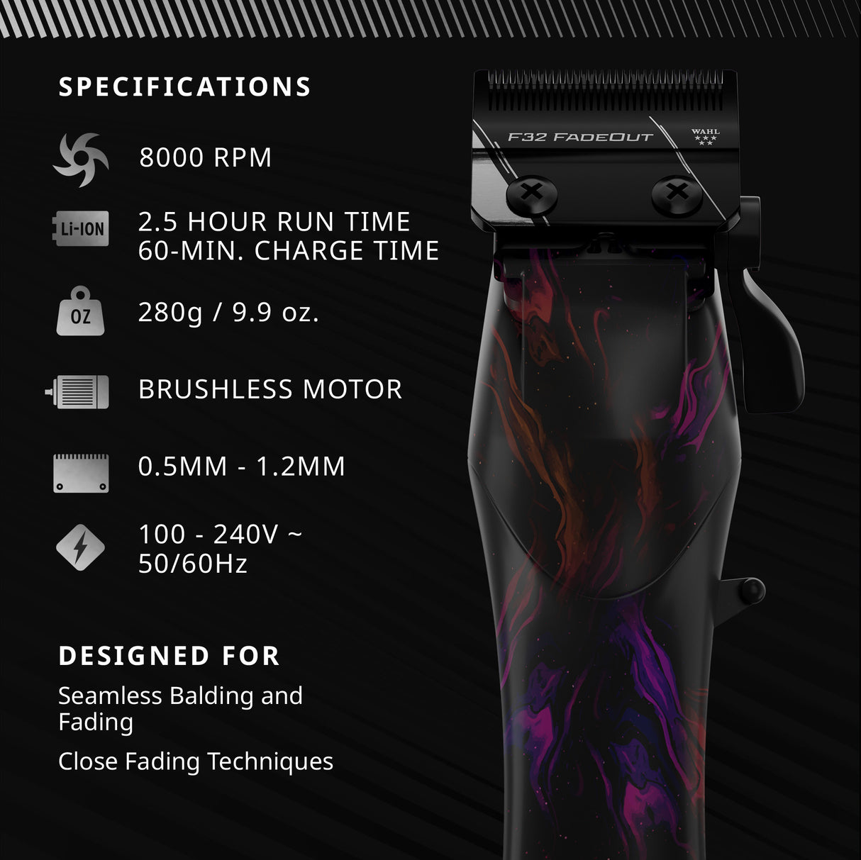 WAHL VAPOR Clipper Limited Edition – Mașină Profesională de Tuns Fade cu Lamă F32 FADEOUT™, Motor Brushless 8000RPM și Autonomie 150 min