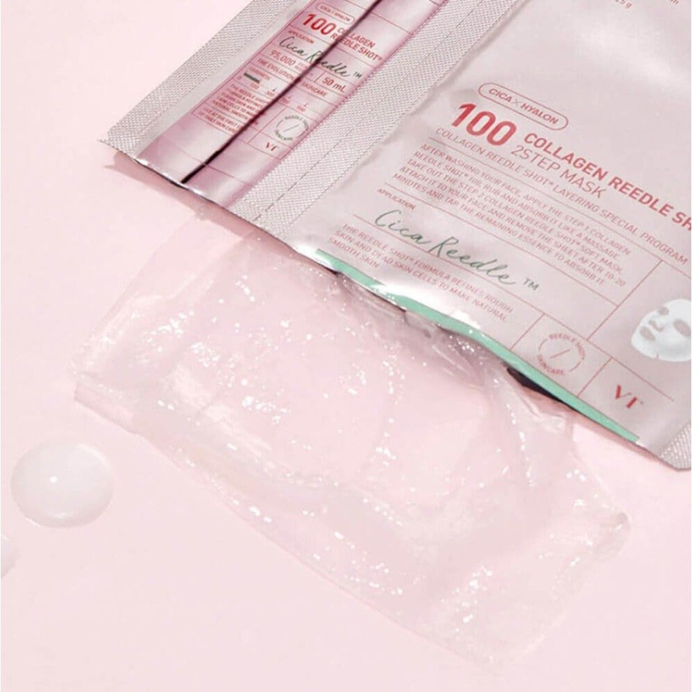 VT Cosmetics Collagen Reedle Shot 100 2-Step Mask, Mască de Față Coreeană Tip Șervețel pentru Fermitate și Efect Lifting cu Colagen, 1.5g + 25g