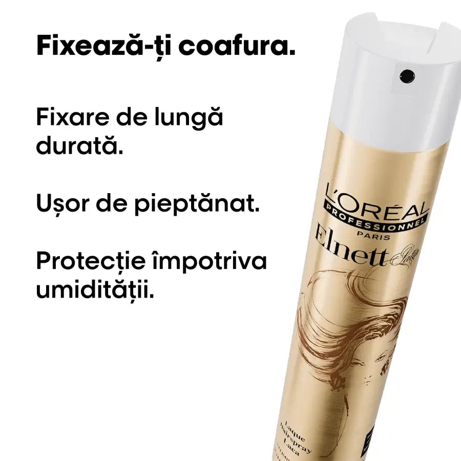 Fixativ Profesional L’Oréal Professionnel Elnett Satin Forte – Fixare Puternică și Protecție Împotriva Umidității 500ml