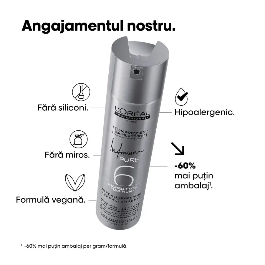 Fixativ Profesional L’Oréal Professionnel Infinium Pure Soft 300ml– Fixare Flexibilă și Strălucire Naturală - Păr