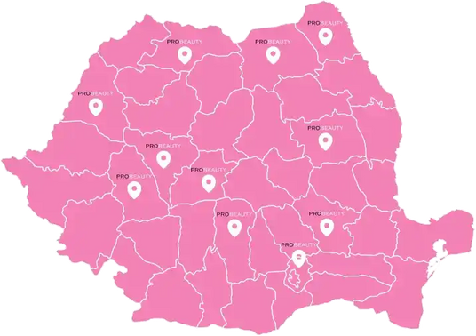 Hartă roz a României cu marcaje de locație și limite regionale.