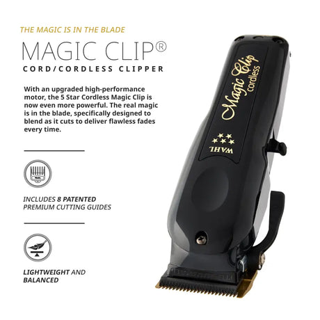 Wahl 5-Star Cordless Magic Clip Black – Mașină de Tuns Profesională cu Lamă Stagger-Tooth Motor Puternic și 8 Piepteni