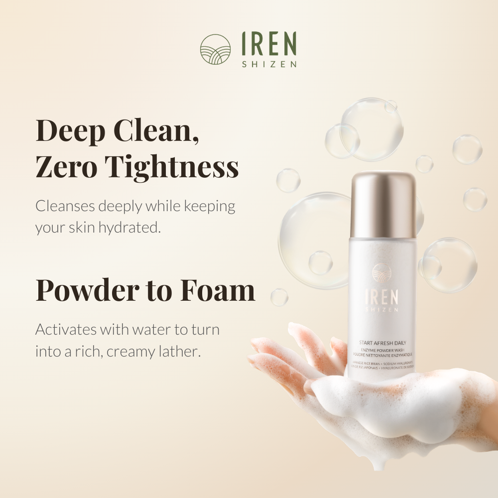 IREN Shizen START AFRESH Daily Enzyme Powder Wash 40g – Pudră Enzimatică de Curățare cu Orez, Acid Hialuronic și Papaya pentru Curățare Profundă și Luminozitate