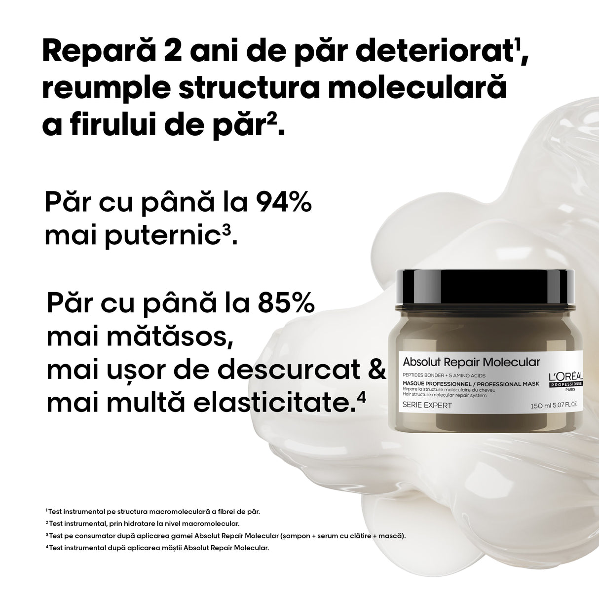 L’Oréal Professionnel Absolut Repair Molecular – Mască concentrată pentru păr deteriorat, cu 5 aminoacizi & peptide, 150ml