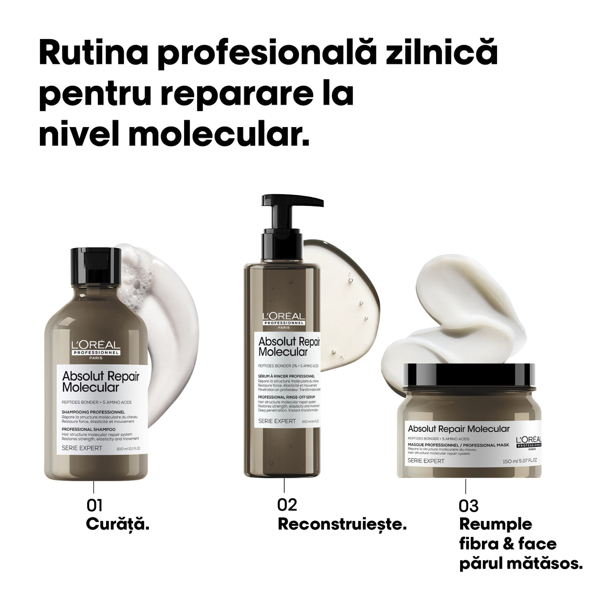 L’Oréal Professionnel Absolut Repair Molecular – Mască concentrată pentru păr deteriorat, cu 5 aminoacizi & peptide, 150ml