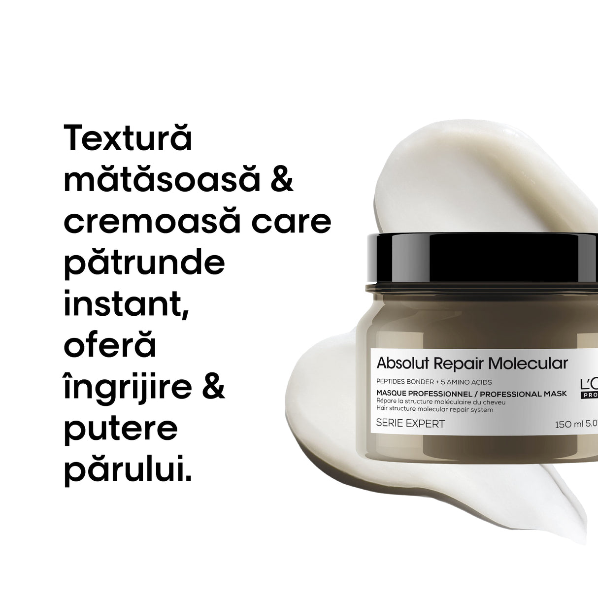 L’Oréal Professionnel Absolut Repair Molecular – Mască concentrată pentru păr deteriorat, cu 5 aminoacizi & peptide, 150ml