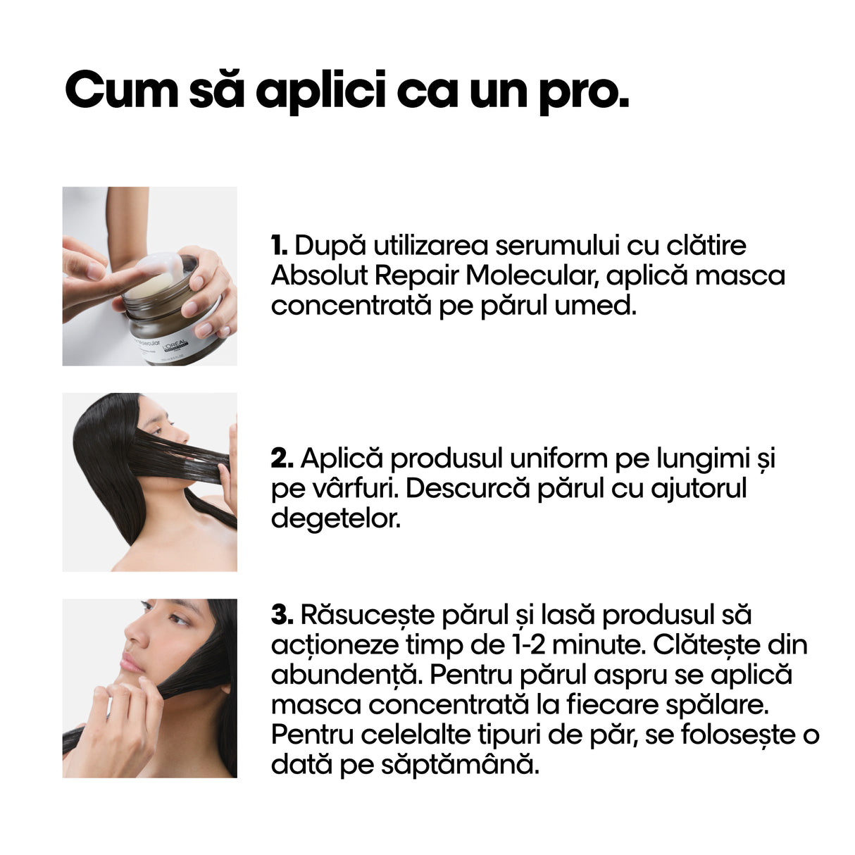 L’Oréal Professionnel Absolut Repair Molecular – Mască concentrată pentru păr deteriorat, cu 5 aminoacizi & peptide, 150ml