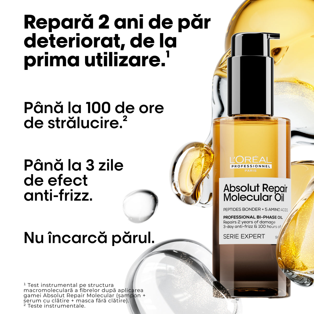 Ulei bifazic de păr L’Oréal Professionnel Absolut Repair Molecular – Anti-Frizz, Hranire Intensă & 100h Strălucire