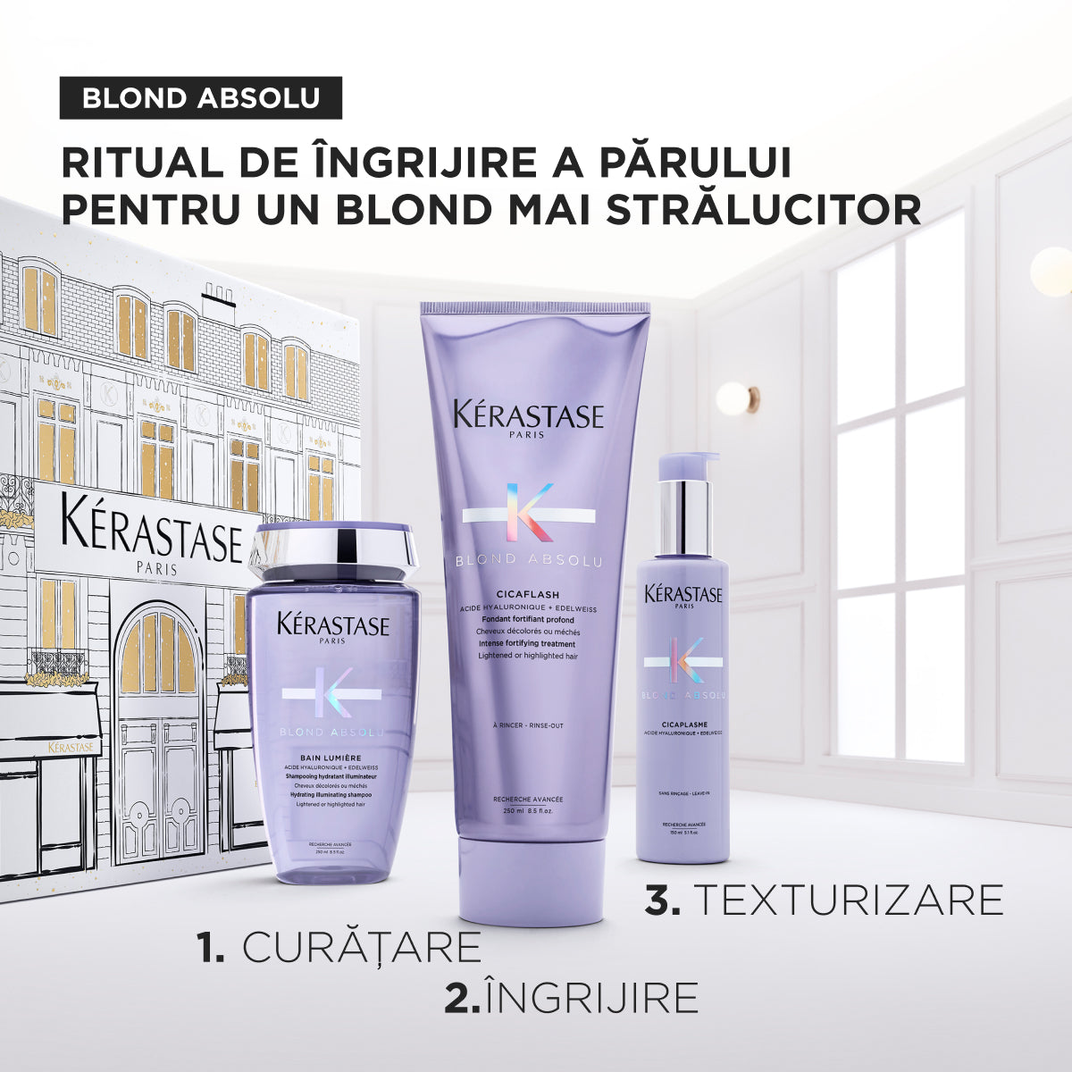 Kérastase Blond Absolu Holidays 2025 Set Cadou  – Ritual Premium de Îngrijire pentru Păr Blond: Bain Lumière 250ml + Cicaflash 250ml + Cicaplasme 150ml