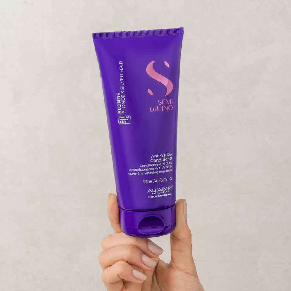 Alfaparf Milano Semi Di Lino Blonde Anti-Yellow Conditioner 200ml – Balsam Profesional pentru Păr Blond și Gri, Neutralizarea Tonurilor Galbene