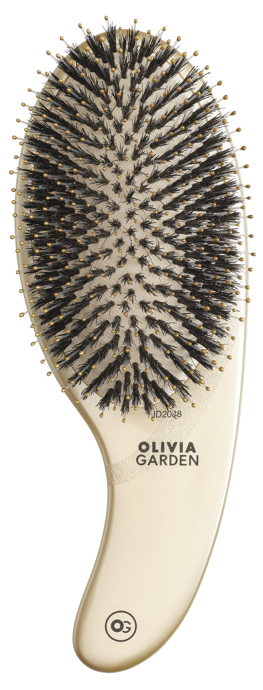 Olivia Garden Expert Care Curve – Professional Brush with Natural Boar and Nylon Bristles, Ergonomic Curved Design, Gold