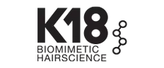 Logo-ul de text negru care spune 'K18 BIOMIMETIC HAIRSCIENCE' cu un simbol al unei lanț moleculare.