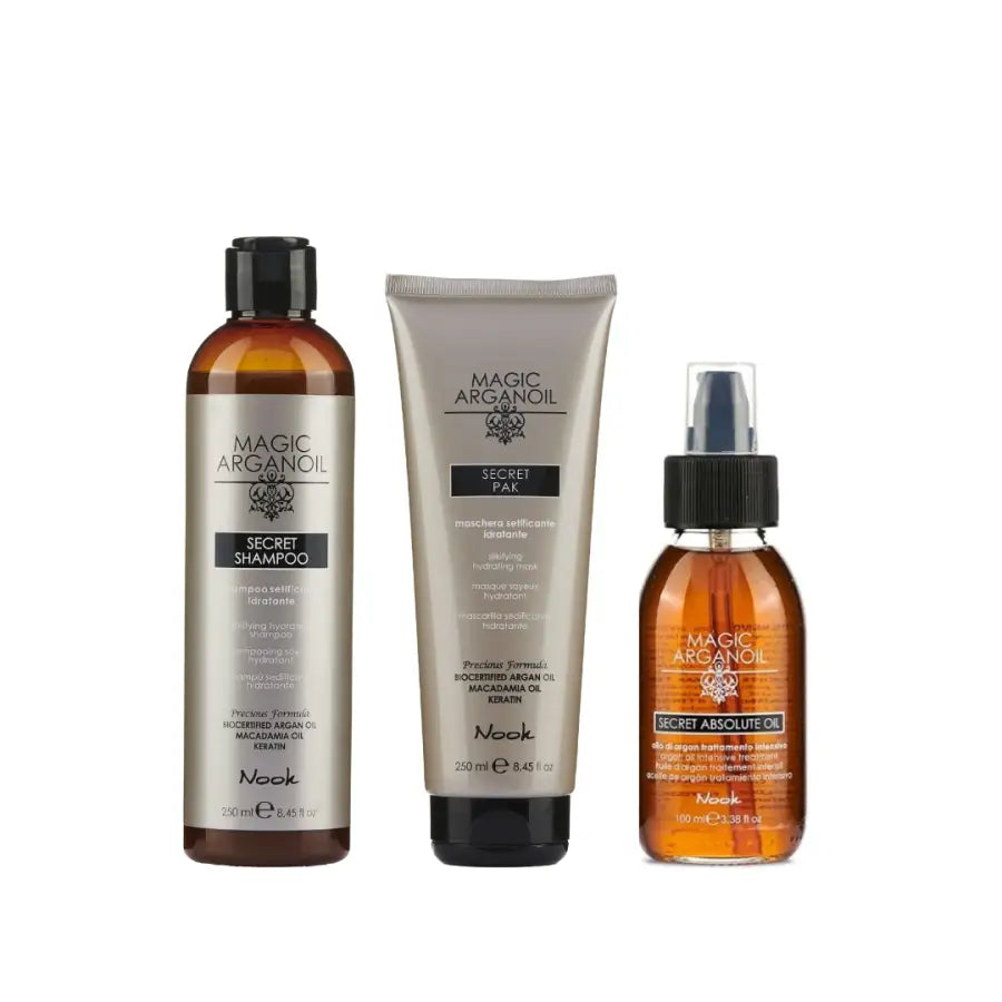Set Complet Hidratare și Regenerare Nook Magic ArganOil Secret Șampon 250ml + Mască de păr 250ml + Ulei de păr 100ml